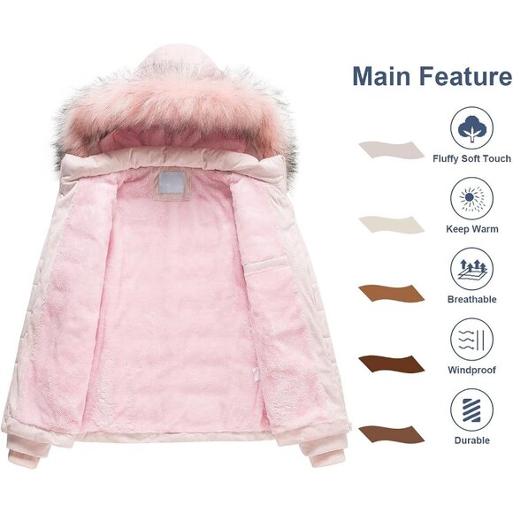 Women's Pink Velvet Puffer Jackets Coat Faux Fur Lining Winter Removable Hood - Picture 3 of 7